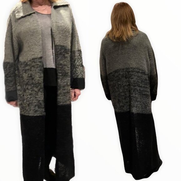 Penningtons PS Career Wool Duster Cardigan Black Grey Size 0X Long Sleeve Maxi - Picture 3 of 11